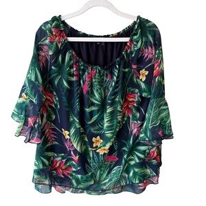 CHARLIE B Green Ruffled Flutter Sleeve Blouse Size L Tropical Boho Floral Flowy